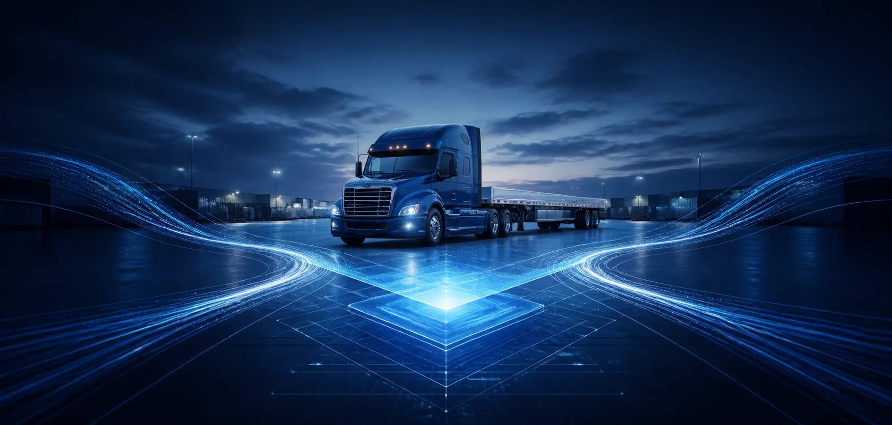 A blue semi truck unified by converging operational data routes in a logistics yard