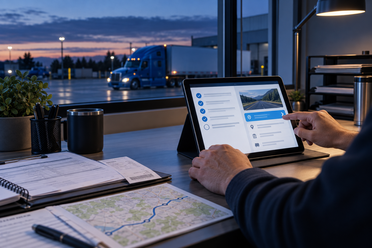 Dispatcher reviewing a prepared next action beside route paperwork while a truck waits outside