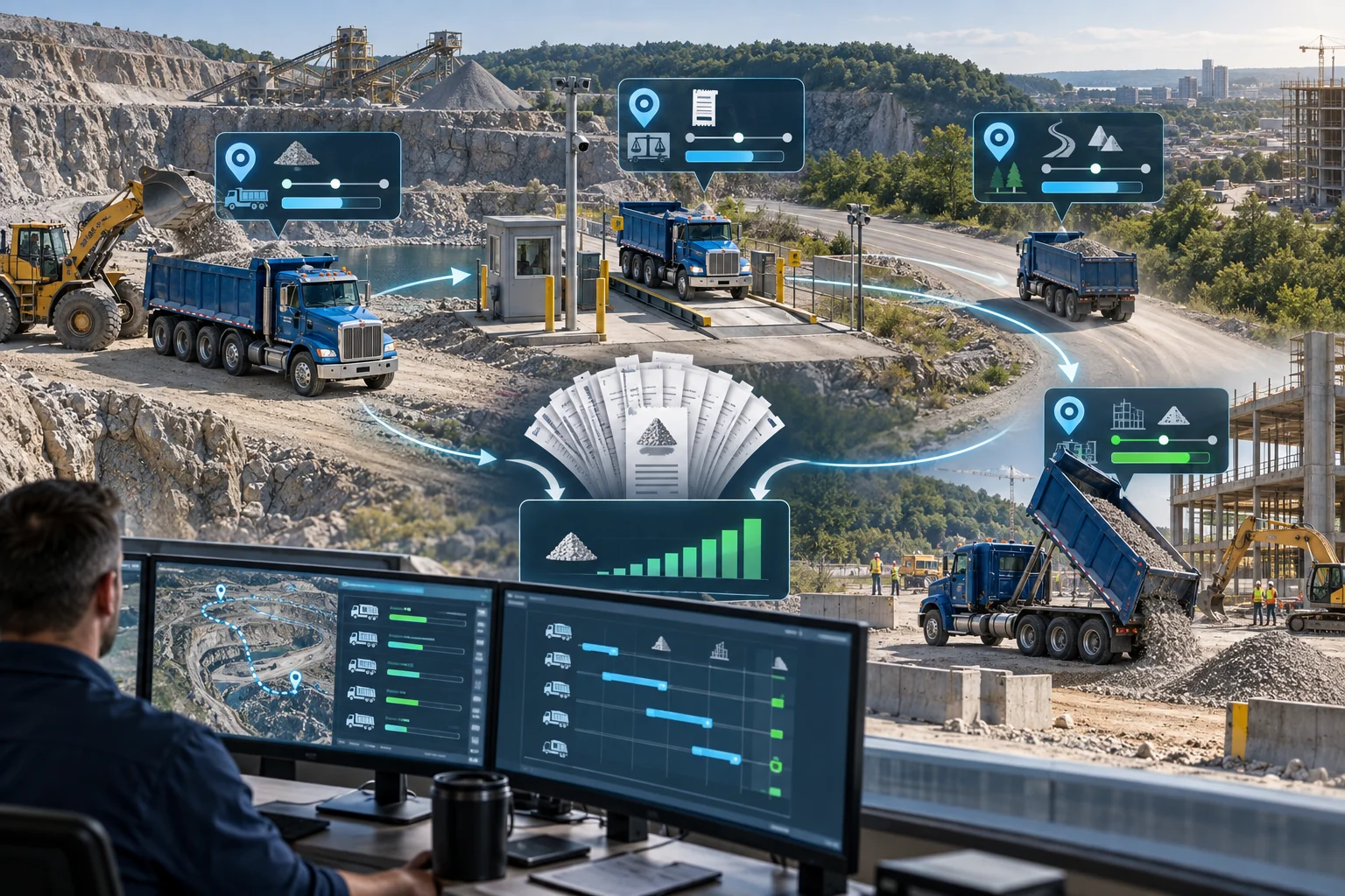 Aggregate trucks cycling from quarry to scale and jobsite while tickets build a live per-truck tonnage total