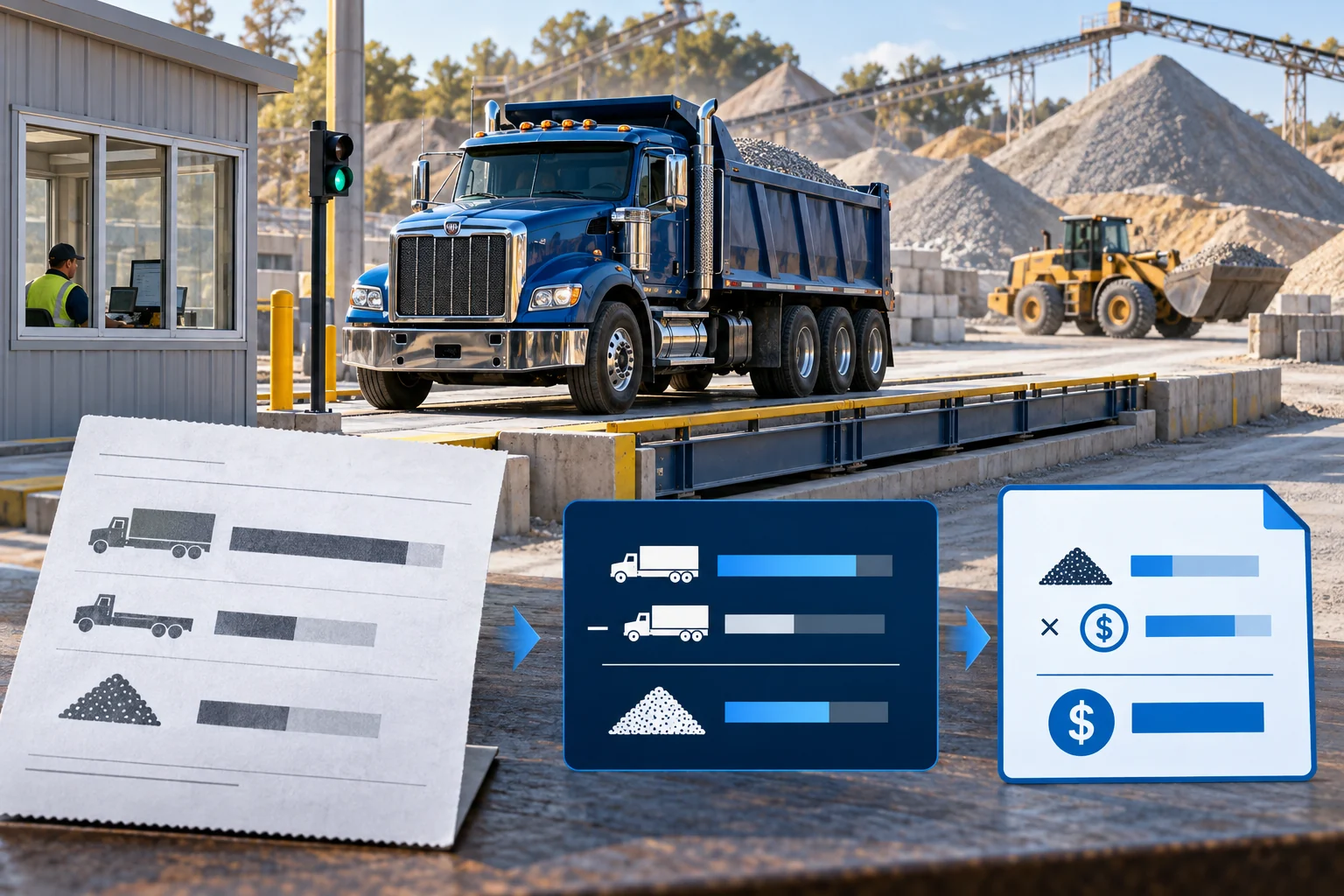Blue aggregate dump truck on a certified scale with its scale ticket flowing into a weight-based customer charge