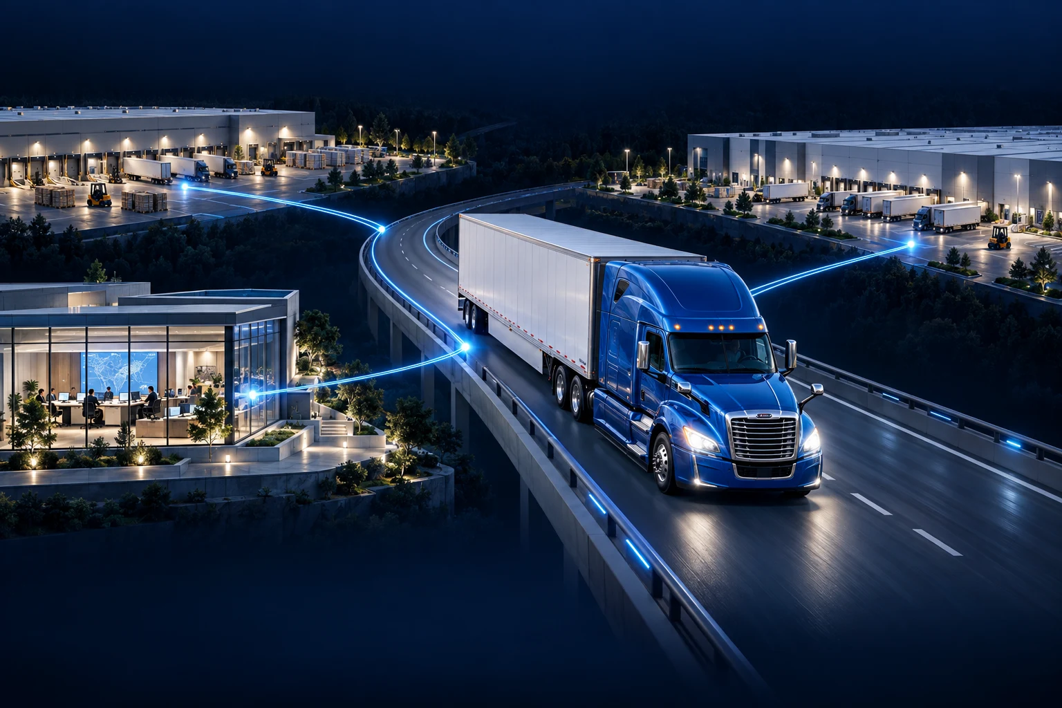 A blue semi truck connects a shipping warehouse, receiving facility, and broker operations office along one illuminated freight route.