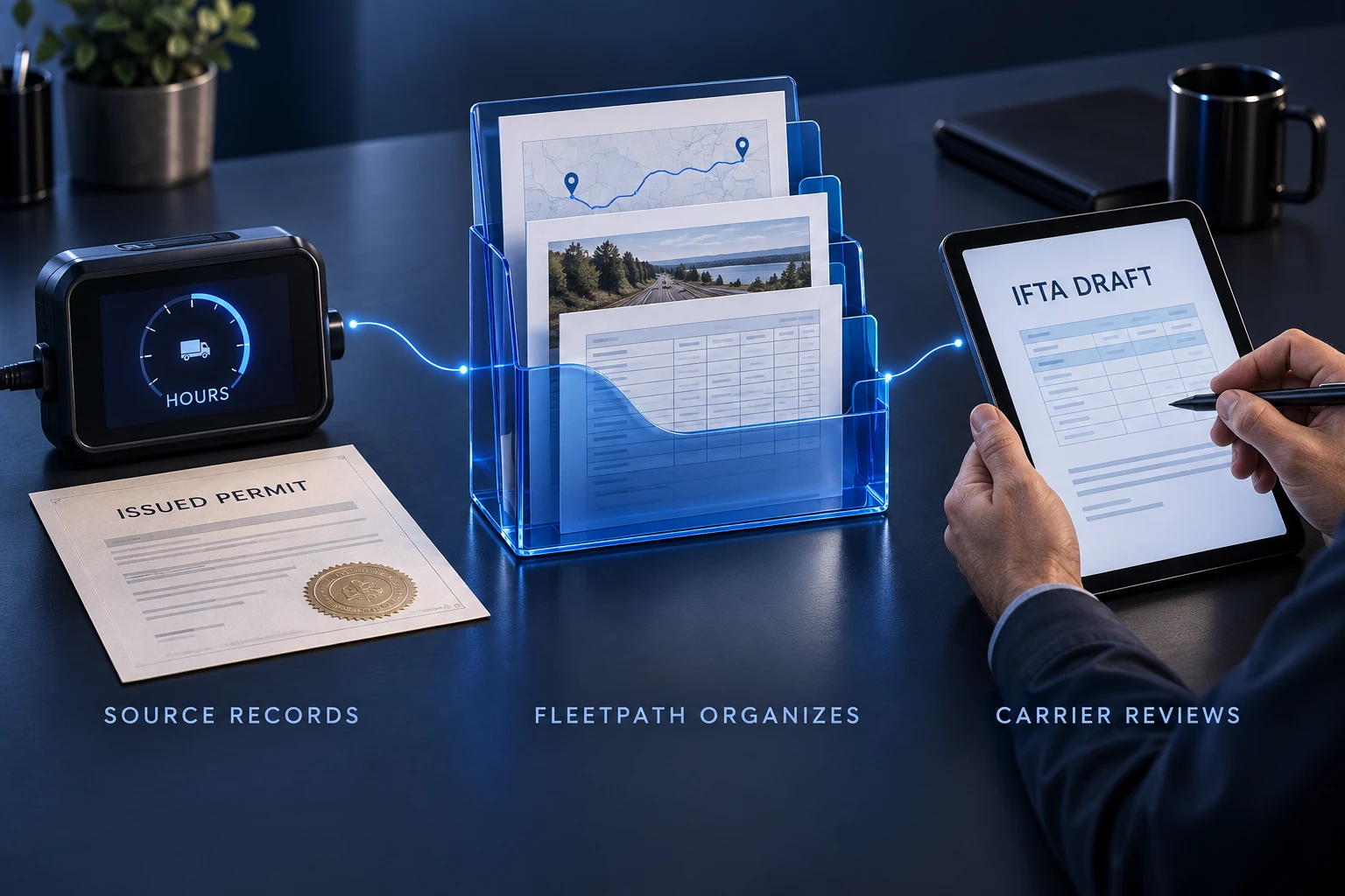 ELD hours and an agency-issued permit connect to FleetPath's organized load record, while the carrier reviews an IFTA draft and retains the final decision.