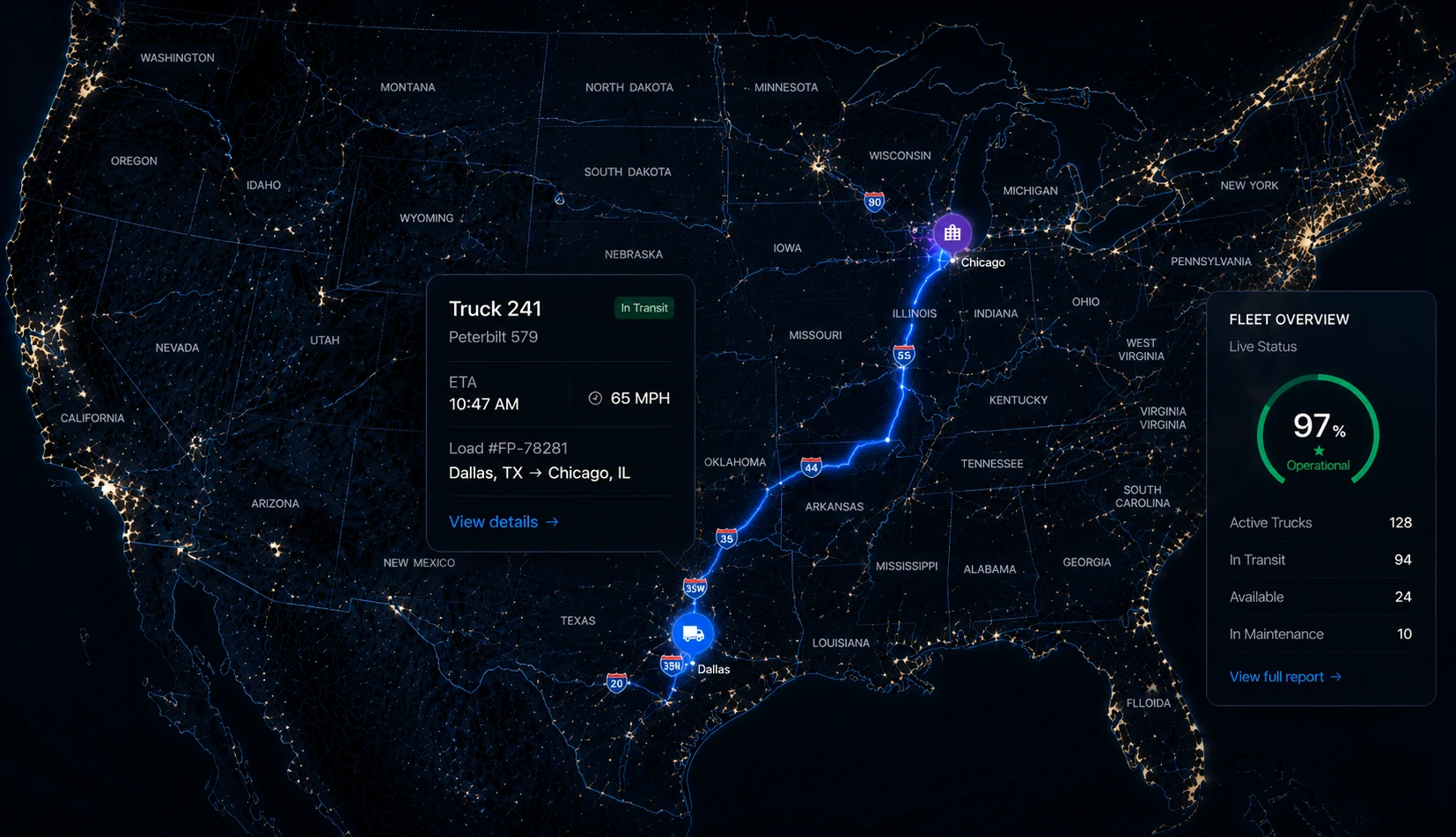 Sample FleetPath load map for a Dallas to Atlanta move