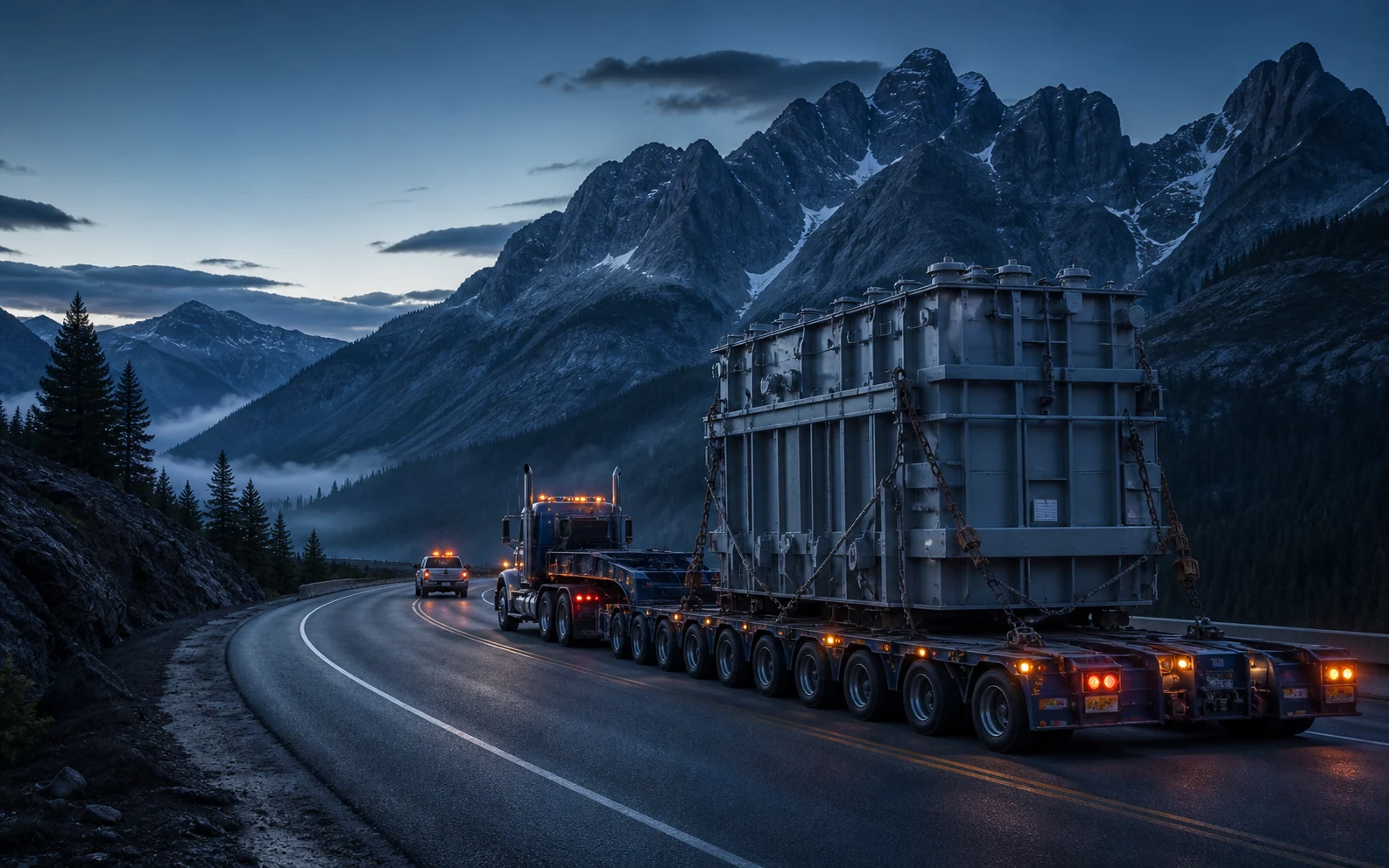 Oversized transformer on a multi-axle trailer traveling through a mountain pass