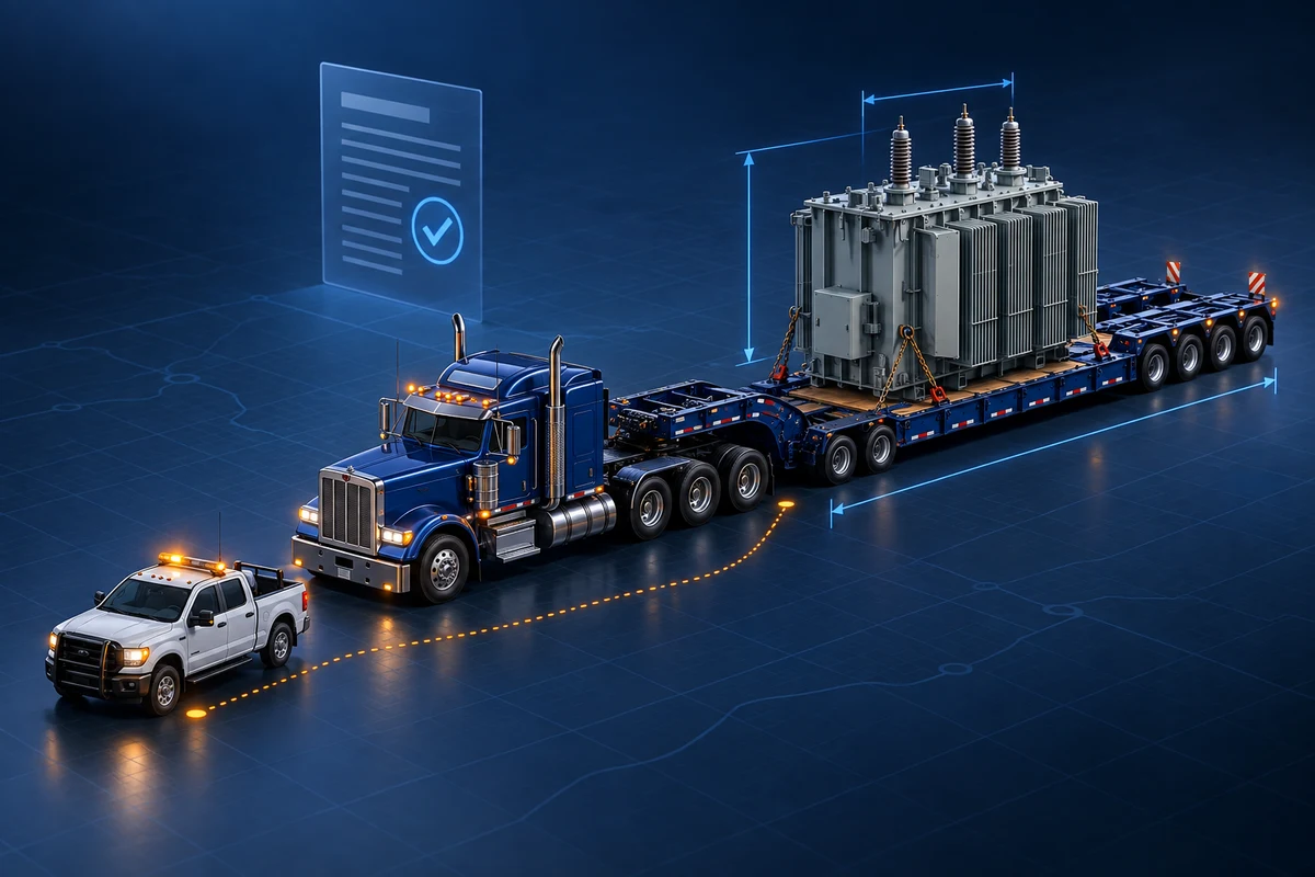 Heavy-haul planning illustration showing a transformer load, dimensional guides, a permit record, and a pilot car