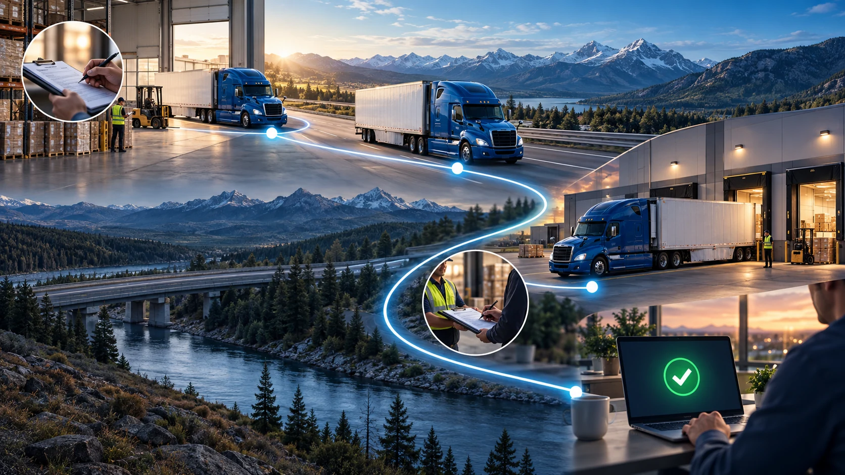 One long-haul load moving from warehouse pickup through the highway, delivery proof, and final payment