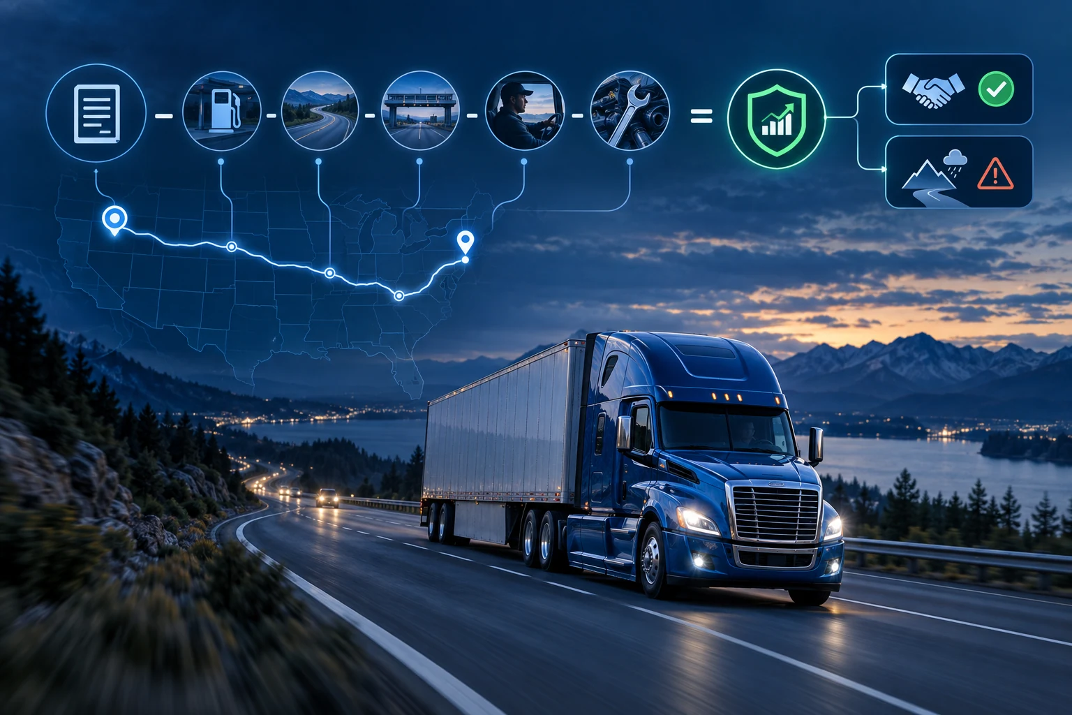 Long-haul truck and route visualization showing fuel, miles, tolls, time, maintenance, broker review, and risk contributing to the booking decision