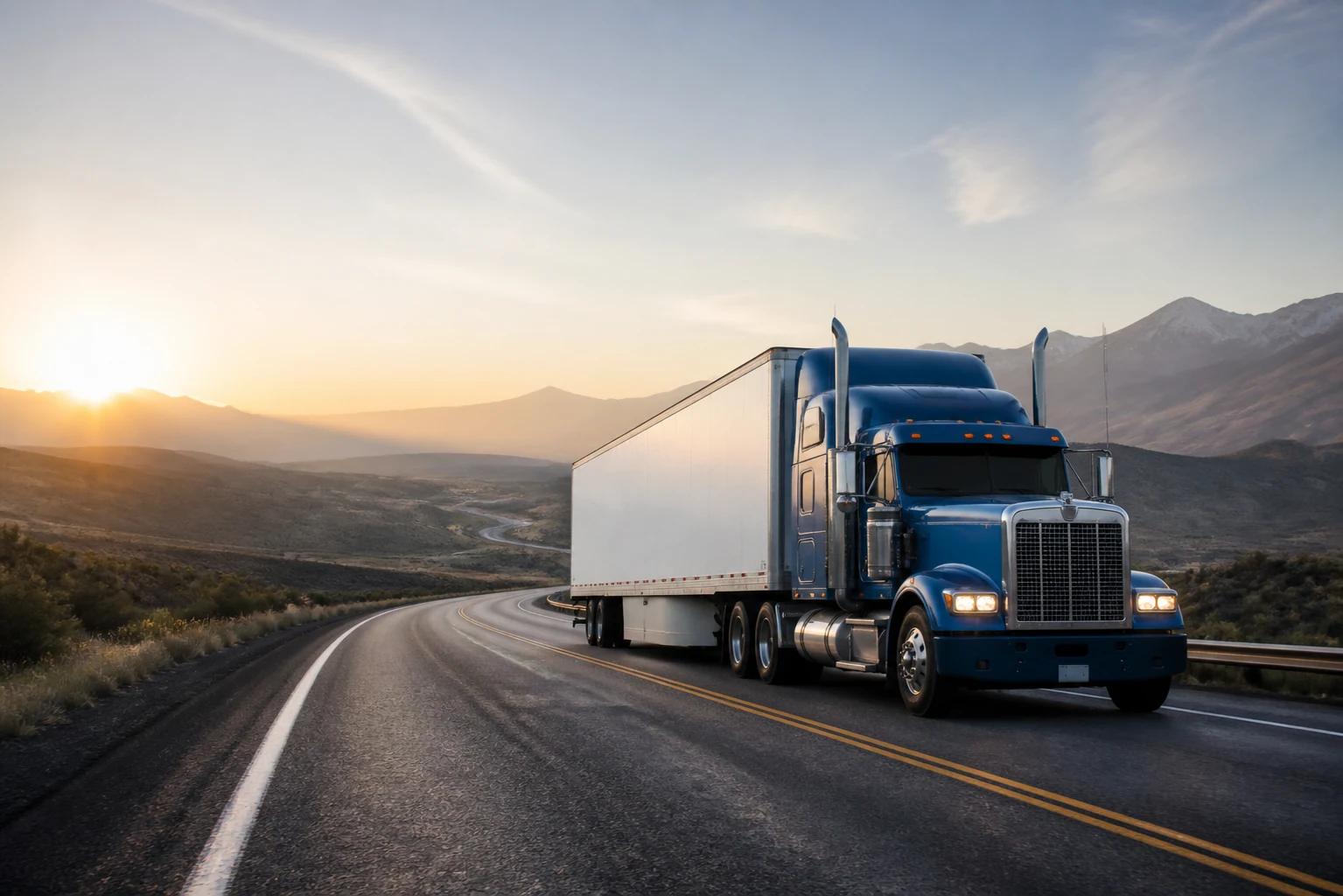 Blue long-haul truck crossing an open highway at sunrise