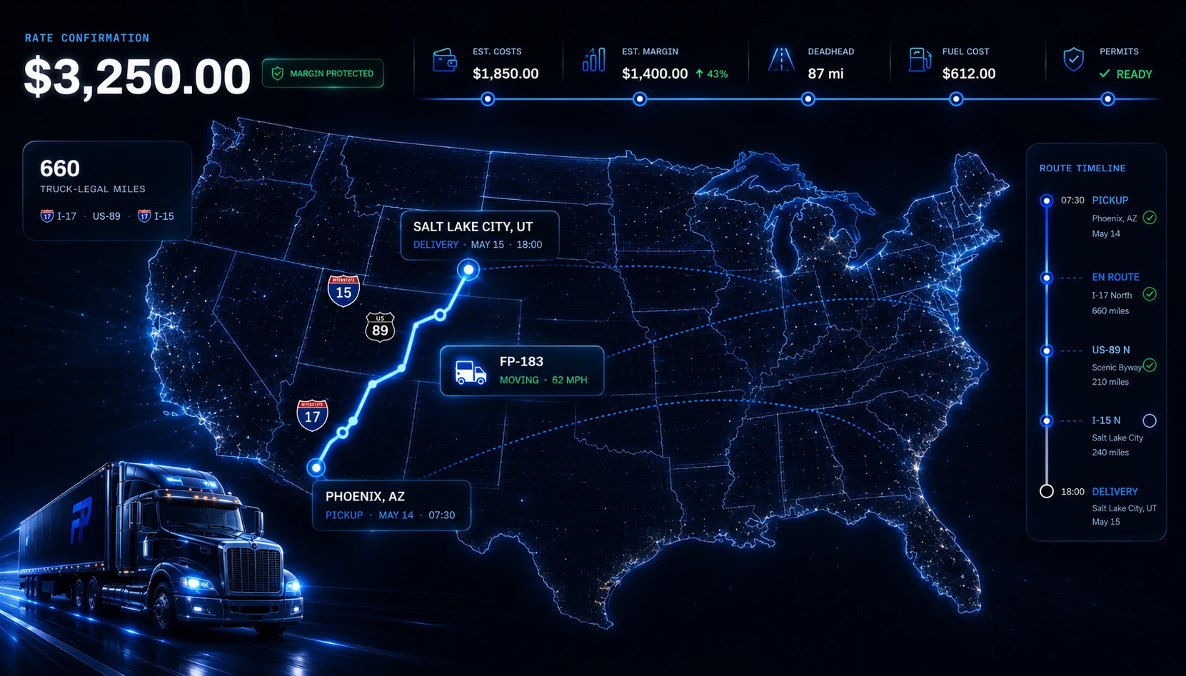 FleetPath rate confirmation showing a 3,250 dollar load, projected costs and margin, a truck-legal route from Phoenix to Salt Lake City across a detailed United States map, live truck position, permits, fuel, deadhead, and route timeline