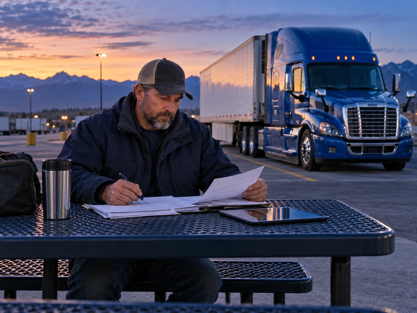 Owner-operator reviewing load paperwork at an outdoor table beside his parked truck before driving