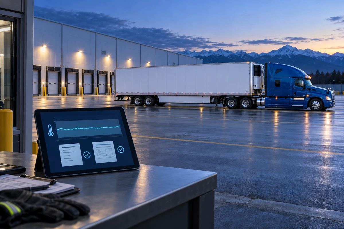 Refrigerated truck parked outside a warehouse with temperature history and delivery records shown on a foreground tablet