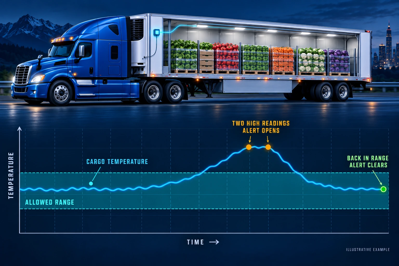 Illustrative temperature history, read left to right: the blue line shows cargo temperature, the shaded band marks the allowed range, two amber readings above it open an alert, and the green return to range clears the alert