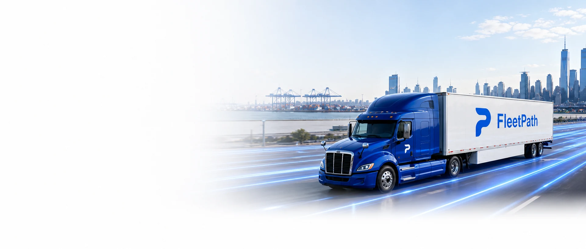 FleetPath branded blue tractor-trailer moving through a connected intermodal freight network