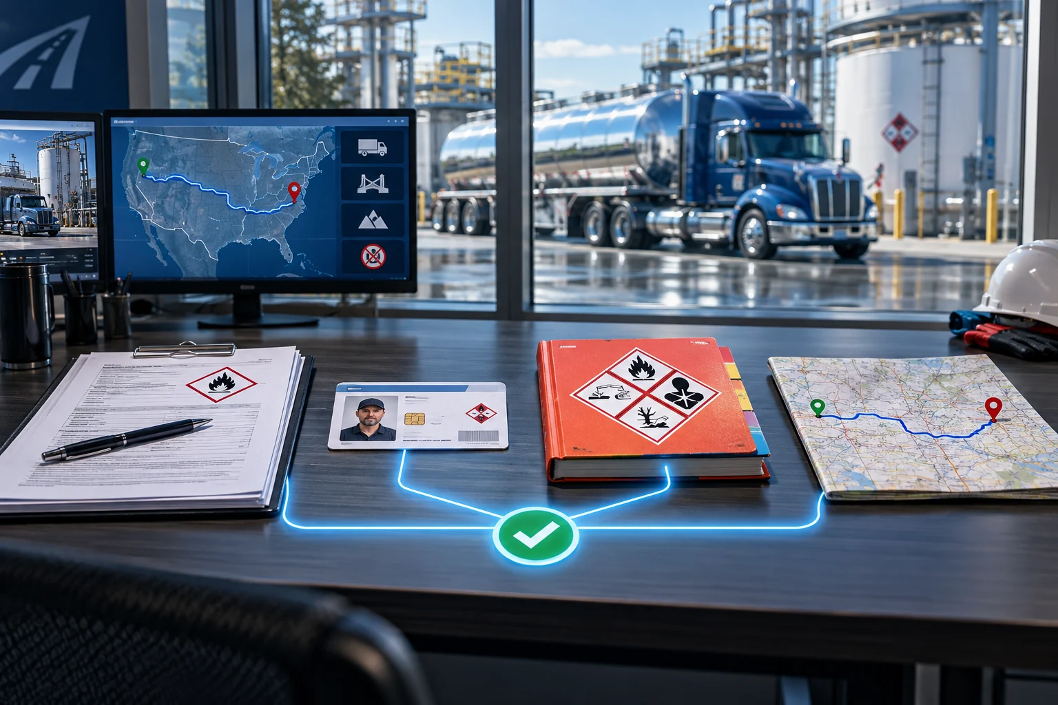 Hazmat dispatch desk connecting the shipping paper, driver qualification, emergency reference, and legal route into one ready decision