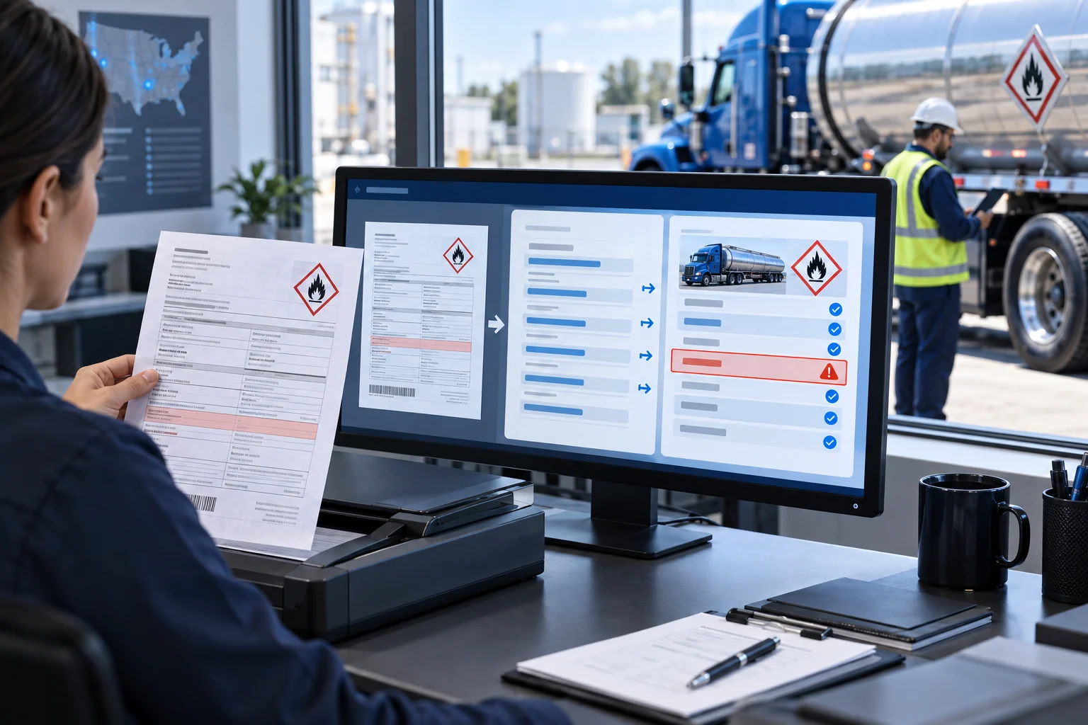 Hazmat shipping paper being compared with its assigned tanker load while one material discrepancy is flagged for review