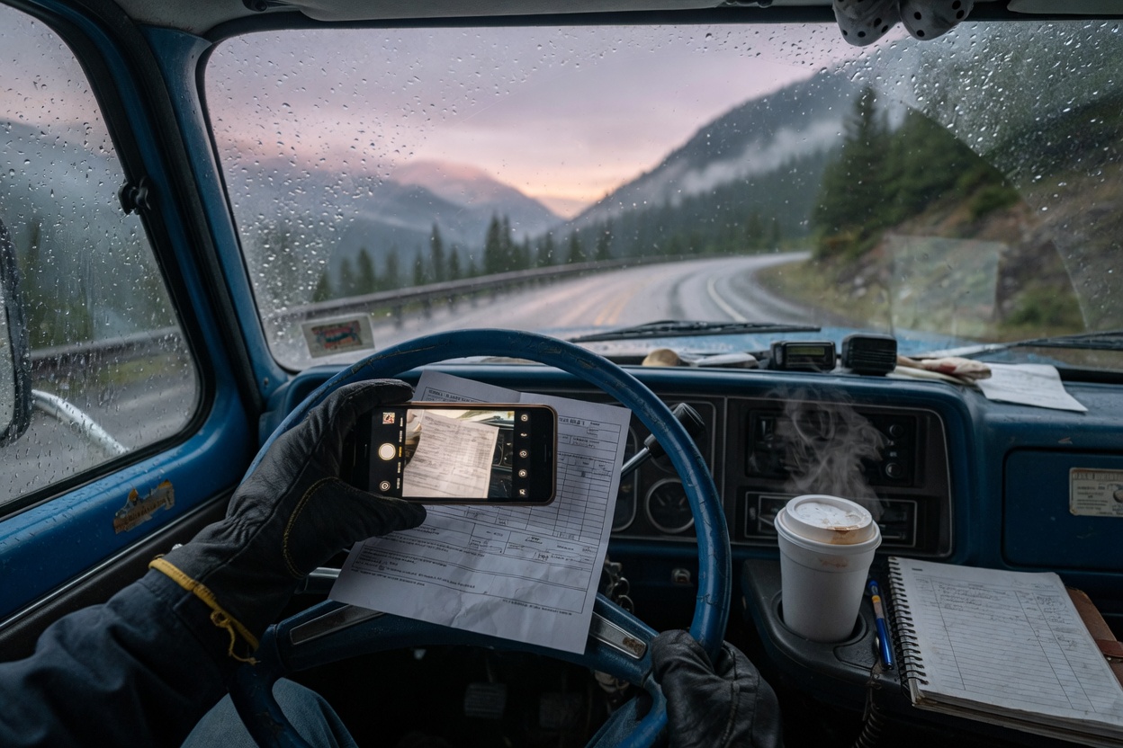 Photographing a rate confirmation from the cab at dawn