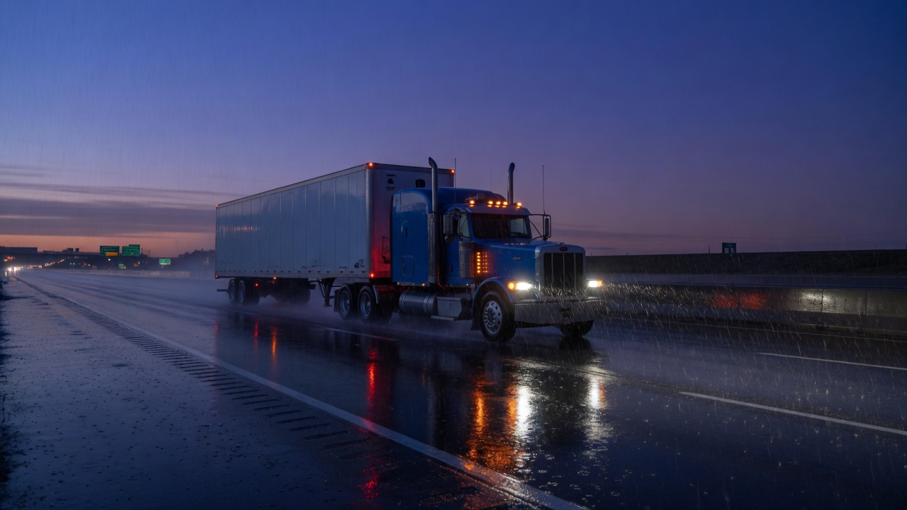 A truck-legal dry van running rain on an American interstate at blue hour