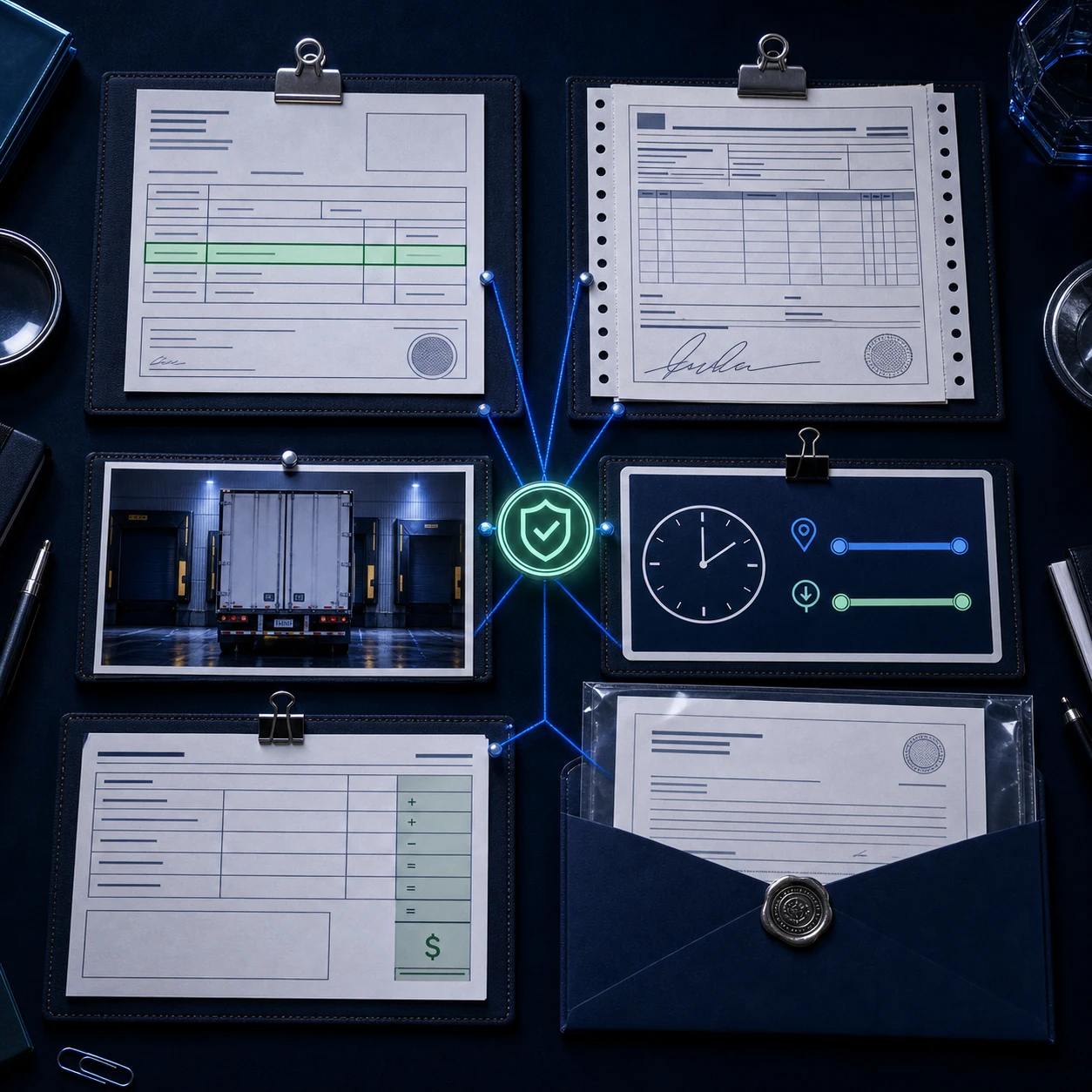 Six-part detention recovery packet: detention summary, GPS and geofence, driver activity, supporting images, broker invoice, and audit report.