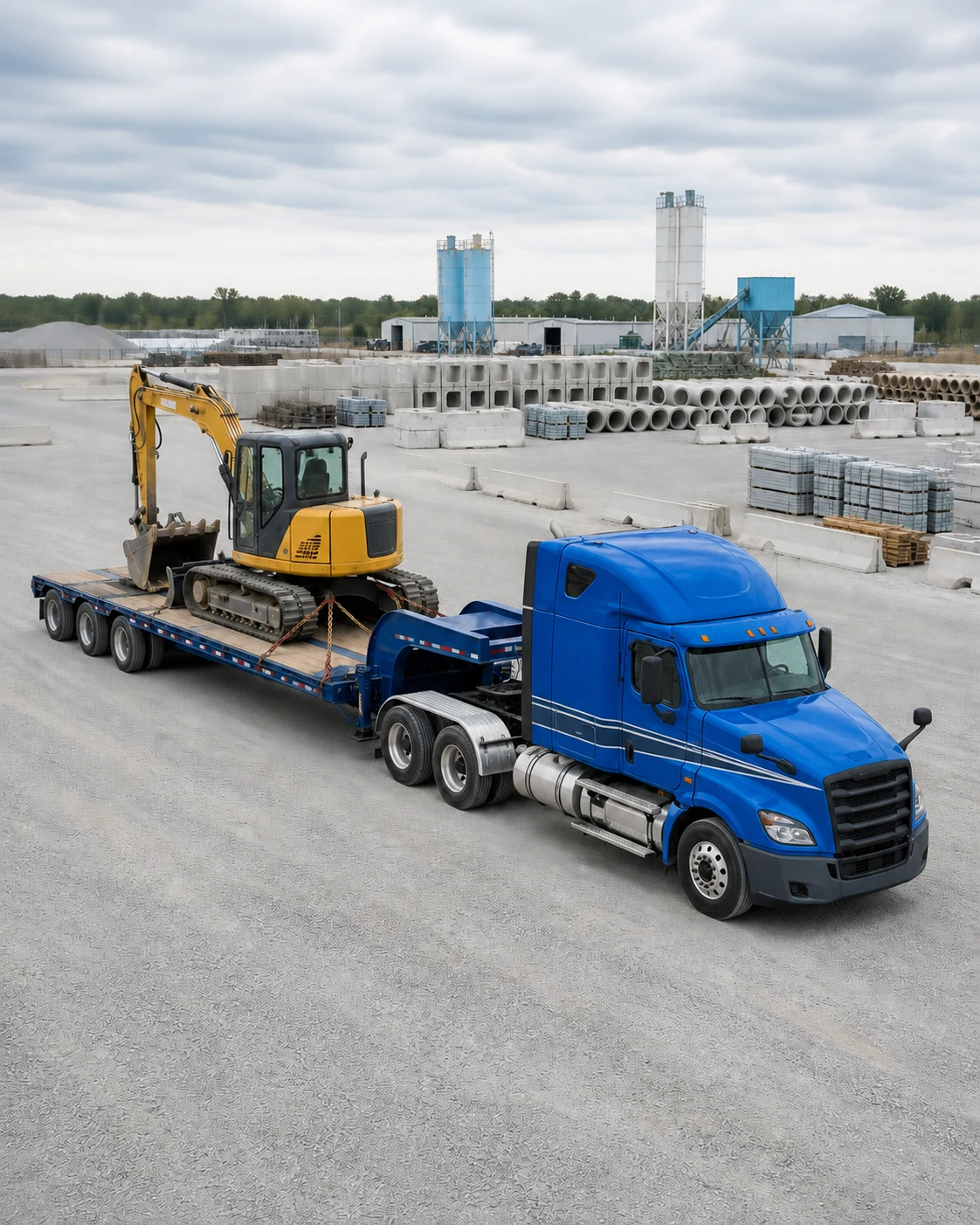 A blue fleet truck hauling an excavator on a lowboy trailer through a construction materials yard